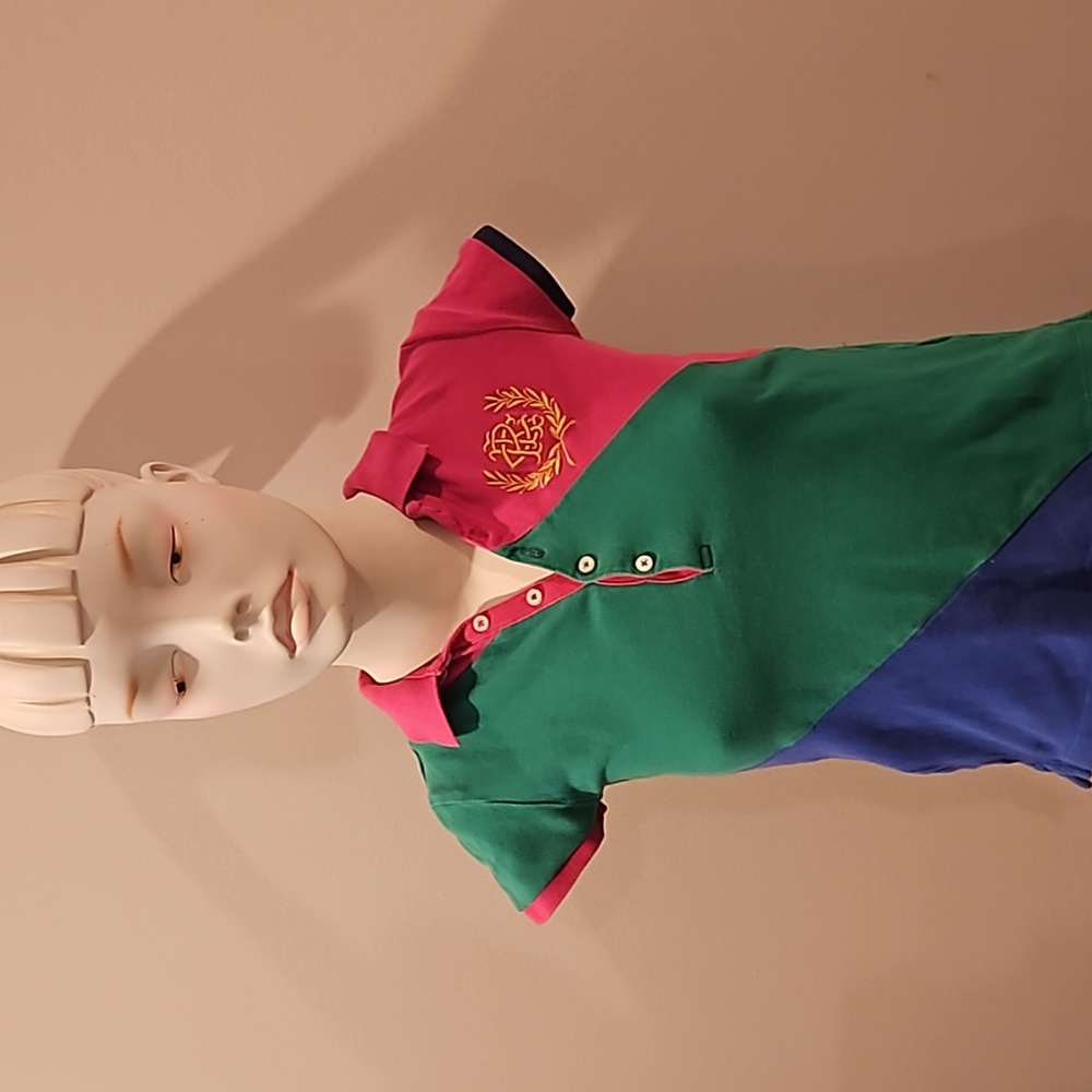 Ralph Lauren Girls Pink Green Navy Blue  Short Sleeve Gold Logo Shirt Sz 8-10